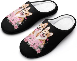 Generic Corgi Dog Lover Funny Mens Slippers Cotton Warm House Shoes Memory Foam Sandals Print Size 7-14