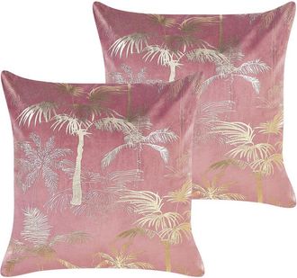 Beliani Beliani - Conjunto De 2 Cojines De Terciopelo Rosa Dorado 45 X 45 Cm Patr&oacute;n Palmeras Caranday