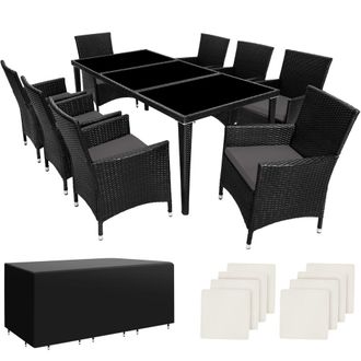 TecTake Set de rat&aacute;n para 8 personas, sillas, cojines, mesa y fundas, negro