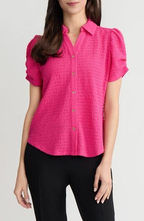 Kasper Pleat Sleeve Ridge Knit Button-Up Shirt in Pink Perfection at Nordstrom, Size X-Large