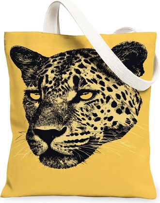 Generic Leopard Canvas Tote Bags, Artistic Animal Lightweight Washable Grocery Bags, Summer Eco-Friendly Shoulder Strap for Travel, Yellow, 13x15 Inch