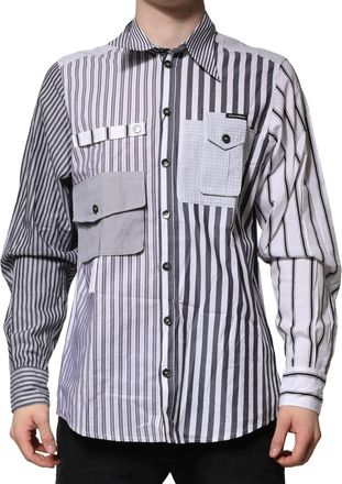 Dolce & Gabbana White Gray Striped Cotton Men Casual Mens Shirt