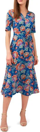 Chaus V-Neck Tie Waist Midi Dress in Teal/red/multi at Nordstrom, Size X-Large