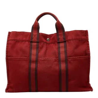 Herm&egrave;s Red Color Canvas Handbag Tote Bag (Pre-Owned)