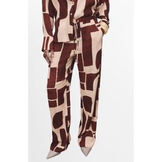 Mango Geometric Print Wide Leg Drawstring Pants in Ecru at Nordstrom Rack, Size Medium