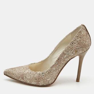 Stuart Weitzman Metallic Bronze/brown Leather And Glitter Pointed Toe Pumps