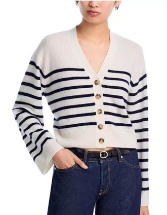 Aqua Cashmere V Neck Cardigan Sweater In Ivory/peacoat