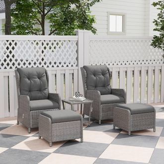 OUTSUNNY Recliner Rattan Garden Furniture w/ Two-tier Glass Top Table & Cushions, Light Grey