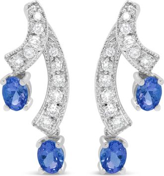 House of Brilliance 14K White Gold 4x3MM Oval Shaped Natural Blue Tanzanite Gemstone and 1/5 Cttw Diamond Double 3/4 Inch Drop Stud Earrings
