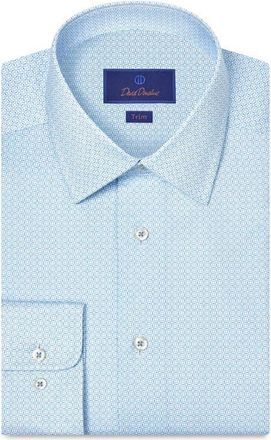 David Donahue Trim Fit Geometric Print Cotton Dress Shirt in Sky at Nordstrom, Size 16.5 - 34