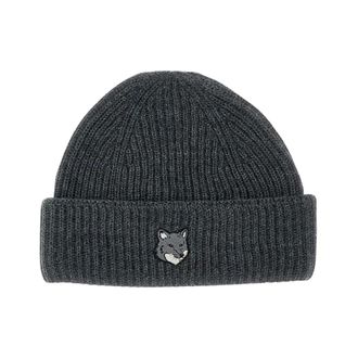 Maison Kitsun&eacute; Fox Head Large Beanie - unisex - Accessoires - Grijs - Maat: ONE Size Wol