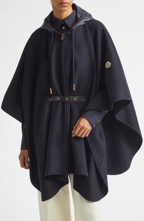 Moncler Zip Padded Wool Blend Hooded Cape in Blue at Nordstrom