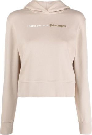 Palm Angels Beige Logo Print Hoodie - Dames - Hoodies - Beige - M - Katoen - Hoodies & sweatvesten