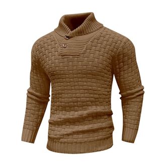 Generic Mens Winter Jumpers Warm Knitted Stand Collar Jumper Long Sleeve Knitwear Pullover Sweaters for Men Buttons Twisted Winter Tops (Coffee, L)
