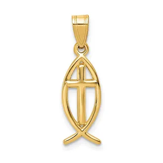 Diamond2Deal 14k Yellow Gold Cross Ichthus Fish Pendant
