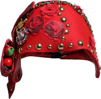 Dolce & Gabbana Rode Kristal Gouden Rozen Broche Versierde Hoed - Dames - Hoeden - Rood - ONE Size - Katoen - Accessoires