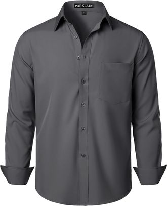 PARKLEES Mens Regular Fit Dress Shirt Solid Wrinkle-Free Long Sleeve Casual Business Button Up Shirts with Pocket ZSSCL05-Dark Grey XXX-Large