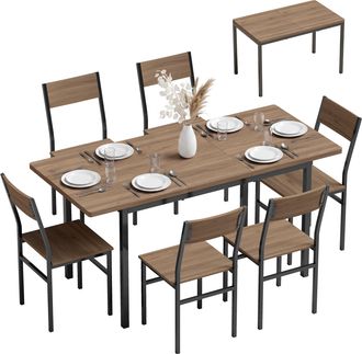 HOMCOM Homcom Conjunto Mesa De Cocina Extensible 120-160 Cm Con 6 Sillas, Ahorro Espacio, Para 4-6 Personas, Marco Met&aacute;lico, Marr&oacute;n Efecto Madera