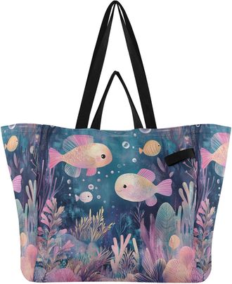 Generic Pink Fish Bubbles pattern Reusable Canvas Tote Bag, Heavy Duty Grocery Shopping Bag with Hard Bottom Large Capacity Double Handles Work Groceries Trav