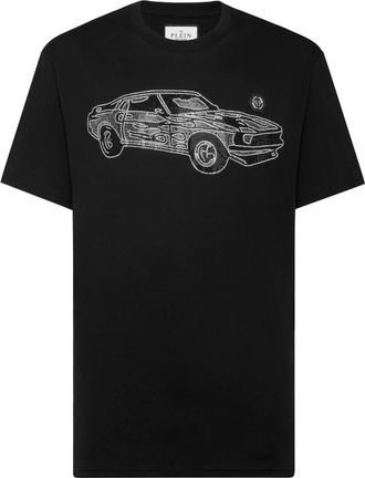 Philipp Plein Tops, Heren, Zwart, XS, Katoen, Jersey T-shirt Ronde Hals Strass Cars Racing