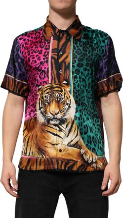 Dolce & Gabbana Mens Multicolor Silk Tiger Print Hawaiian T-Shirt