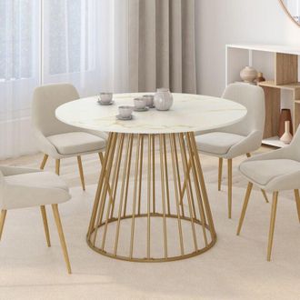 IDMarket Tavolo da pranzo rotondo YUNA per 6 persone con base in filo dottone e piano ALASKA 110 cm effetto marmo bianco