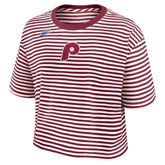 Nike Philadelphia Phillies Cooperstown Logo Striped Nike Womens MLB Cropped T-Shirt in Red | 048P0H7MPHP-YLT