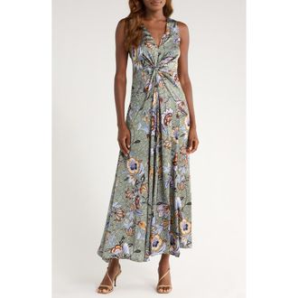 Halogen Knot Front Floral Print Sleeveless Dress in Gray Violet/Green at Nordstrom Rack, Size Small