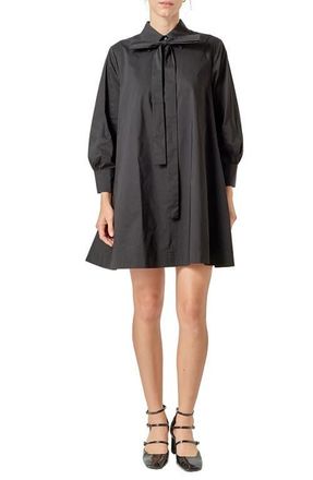 English Factory Bow Long Sleeve Shirtdress in Black at Nordstrom, Size X-Small