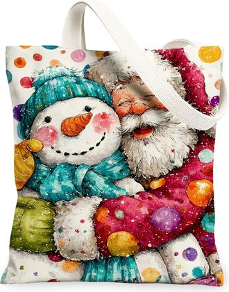Generic Festive Canvas Tote Bags, Cute Snow Man Santa Pattern Reusable Shopping Bags, Colorful Fun Lightweight Washable Shoulder Strap Canvas for Holiday Trav