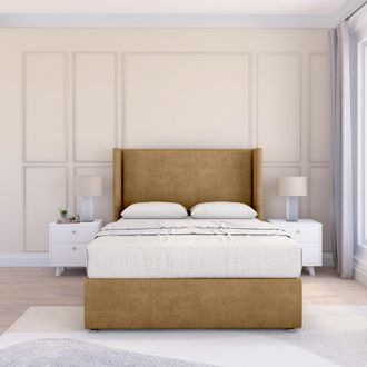 Sloomy Devonshire Plush Wingback Bed Set, No Drawers & 54 Floor Standing Headboard in Light Brown | Size: Small Single