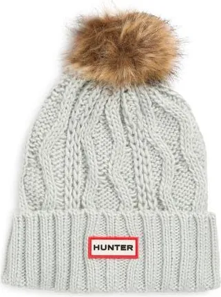Hunter Logo Cable Knit Faux Fur Pompom Fleece Lined Beanie in Silver Grey at Nordstrom Rack