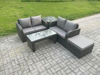 Fimous High Back Rattan Garden Furniture Set with Loveseat Sofa Coffee Table Big Footstool Side Table Indoor Outdoor in Dark Grey