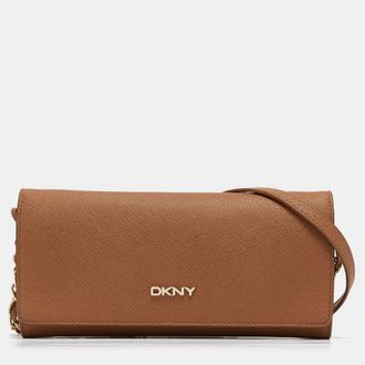 DKNY Dkny Brown Saffiano Leather Flap Wallet On Chain