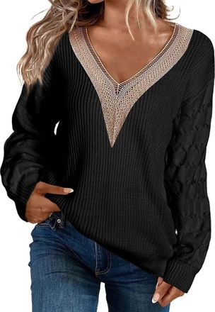 Generic Womens V Neck Lace Trim Lightweight Soft Jumpers Ladies Colour Contrasts Splits Side Relaxed Fit Tunic Tops Black