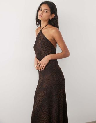 Mango vestito midi con allacciatura al collo con stampa leopardata-Nero