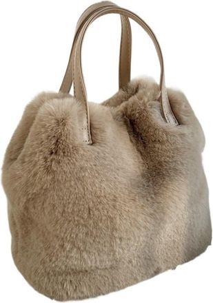 Generic Womens Plush Bags Practical Large-capacity Bucket Bag Handbag Imitation Rabbit Fur Plush Tote Winter(Khaki)