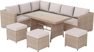 Home Discount Belgrave Rattan Garden Furniture 9 Seater Outdoor Corner Sofa Stool Table Set, Natural