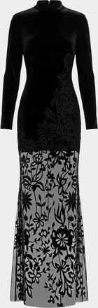 Mac Duggal Floral Mixed-Media Long-Sleeve Gown