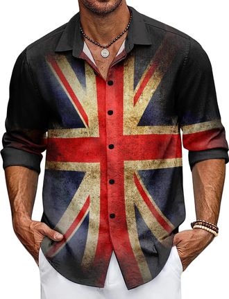 Generic Mens Union Jack Shirt Great Britain Bunting Flags Print Long Sleeve Shirts Casual Button Down Shirt (UK, Alpha, 4XL, Regular, Regular, 7)
