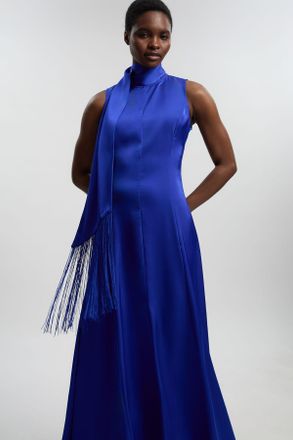 Karen Millen Womens Viscose Satin Sleeveless Cowl Neck Drape Woven Maxi Dress - Blue - Size 10 UK