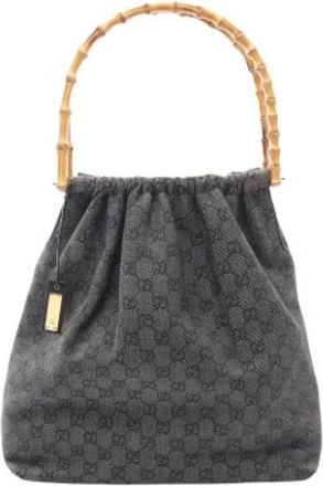 Gucci Pre-owned Bamboo GG Canvas Leren Schoudertas - Dames - Vintage Handtas - Blauw - ONE Size - Leer - Vintage