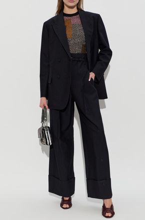 Fendi Wool Pinstripe Trousers, Womens, Black