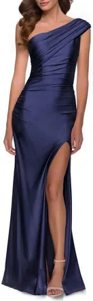 La Femme One Shoulder Shiny Ruched Jersey Dress with Slit in Navy at Nordstrom, Size 16