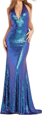 Jovani Plunging V-Neckline Sequin Mermaid Prom Gown In Iridescent Royal