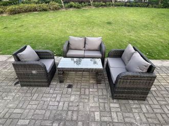 Fimous 5 Seater Dark Grey PE Rattan Garden Furniture Set Reclining Chair Love Sofa 2 Seater Sofa Set Coffee Table