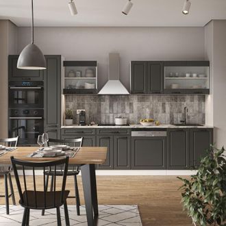 Vicco Mueble De Cocina R-line, Antracita Casa De Campo/blanco, 350 Cm Con Armario Alto, Et M&aacute;rmol