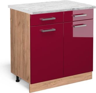 Vicco Mueble Bajo De Cocina R-line, Rojo Burdeos Alto Brillo, 80 Cm Et M&aacute;rmol