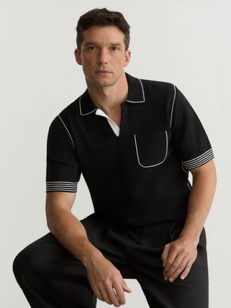 Reiss Mens Black Contrast-stitch Knitted Polo Shirt, XL