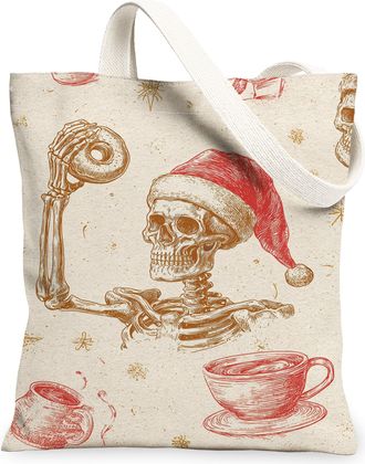 Generic Christmas Skeleton Canvas Tote Bags, Retro Holiday Design Lightweight Washable Reusable Grocery Bags for Travel Beach Picnic, Beige, 13x15 Inch